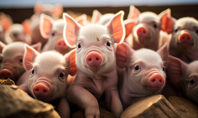 Adorable litter of piglets cuddling together, a close-up of multiple baby pigs with pink snouts, capturing the innocence of farm life - obrazy, fototapety, plakaty
