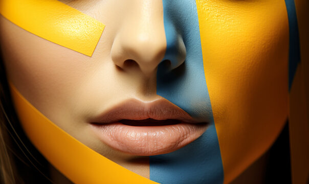 Artistic conceptual portrait of a woman with colorful yellow and blue geometric segments covering half of her face