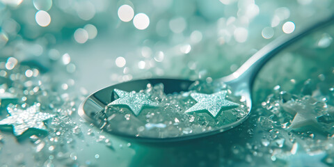 A scattering of colored bath salt crystals in the spoon and on the table. Wallpaper of aromatic sea coarse salt and star crystal for relaxation and bathing. - obrazy, fototapety, plakaty