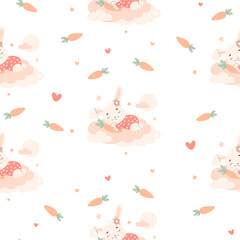 Seamless pattern with cute little sleeping rabbit with carrot on cloud on white background. Vector illustration for design, wallpaper, packaging, textile. Kids collection. - obrazy, fototapety, plakaty