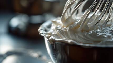 Close-up of the metal whisk of a mixer for whipping desserts and bowl with cream. Whisk with delicious white airy whipped cream. Cooking, dessert, bakery.