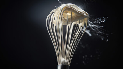 Close-up of the metal whisk of a mixer for whipping desserts. Whisk with delicious white airy whipped cream. Cooking, dessert, bakery.