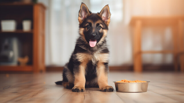 A German Shepherd puppy is following the owner's commands to eat food in a tray. A cute German Shepherd puppy is looking at the camera.