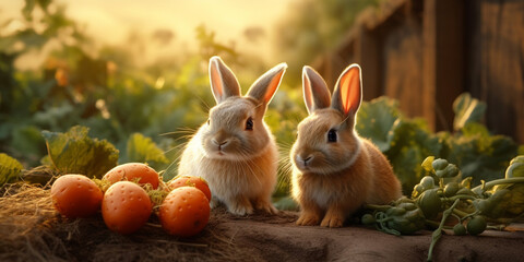 Fototapeta na wymiar cute red rabbit sitting on a green natural background, spring bunny Cute bunnies favorite snack carrots with utmost fluffy tails and twitching. AI Generative.
