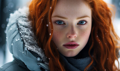 Vivid red-haired young girl with striking blue eyes experiencing the wonder of a snowy winter day, wrapped in a cozy jacket