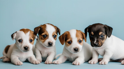 Incredibly Cute Group of Little Jack Russell Puppies Against a Blueish Background: Studio Shot Ideal for Wallpaper, Banner, or Backdrop