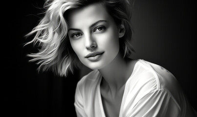 Graceful Young Woman with Short Blonde Hair Posing in a Classic White Shirt, Captured in Timeless Black and White Portrait