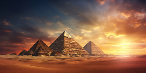 Beautiful picture of Egyptian desert. Sunset over sand dunes tranquil beauty . General view of pyramids sunset background