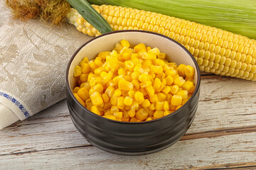 Canned yellow corn in the bowl