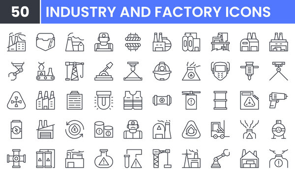 Factory and Industry vector line icon set. Contains linear outline icons like Automation, Warehouse, Manufacturing, Worker, Crane, Chemical, Assembly, Building, Forklift . Editable use and stroke.