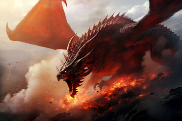 Huge fire dragon in fantasy battle - obrazy, fototapety, plakaty