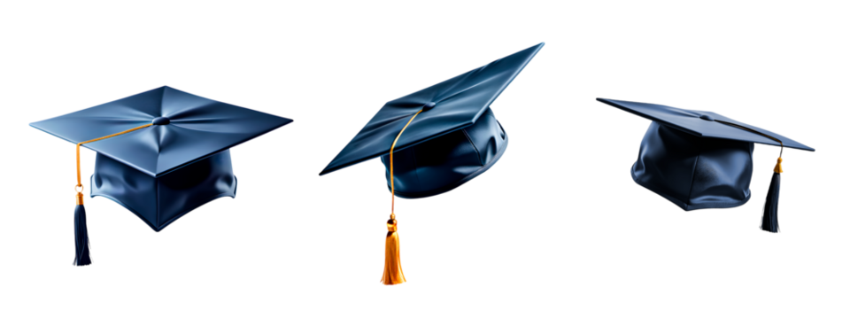 Conjunto de Capelos de formatura. Grupo de Chapéus universitários para graduação, isolado em fundo transparente.