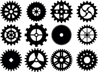 Collection and set of realistic gear and bicycle stars. A profiled wheel with teeth that engages with a chain. Cog set icons on white background. High resolution images for reuse in designing.