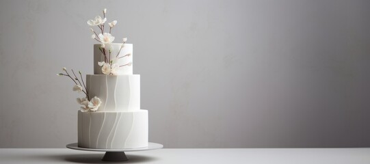 Elegant white wedding cake decorated with flowers on a light gray background. Concept for celebrating birthday, anniversary, wedding. Еmpty space for text , 