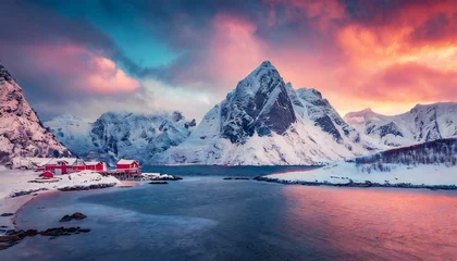 Fotobehang Breathtaking Winter Landscape: Northern Fjords, Mountain Peaks, and Vibrant Sky in Lofoten Islands, Norway © Tatiana