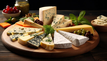 Wooden plate with a variety of tasty cheeses on a  background