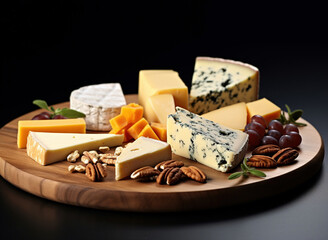 Wooden plate with a variety of cheeses and nuts on a  background