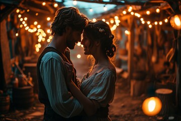 A charming scene in a rustic barn, where a young dancing couple showcases their connection through graceful movements under warm, golden lights.