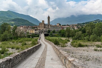 Fototapeta na wymiar Stunning view of Bobbio, Emilia-Romagna, Italy, featuring its iconic landmark, the Old Bridge.