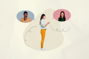 Creative image collage picture young woman holding phone remote communication coworking wireless...