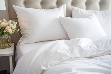 Fototapeta na wymiar bed with roses, cozy morning bedroom 