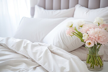 bed with roses, cozy morning bedroom 