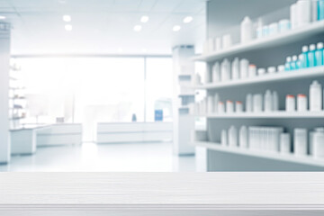 Pharmacy product display, white wooden table, blurred pharmacy drug store