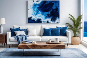 White sofa with blue pillows and coffee table in a nautical-themed interior. There are large poster frames on the wall. Coastal interior design of modern living room home
