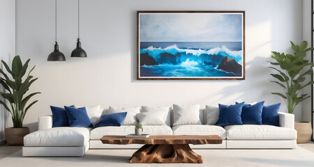 White sofa with blue pillows and coffee table in a nautical-themed interior. There are large poster frames on the wall. Coastal interior design of modern living room home