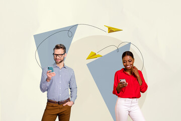 Creative collage two employees coworkers communicate via online messenger send reply remote share...