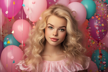 Fototapeta na wymiar Birthday girl portrait with blurred pink birthday balloons 