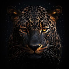 Black spotted leopard face isolated in black background, generative ai
