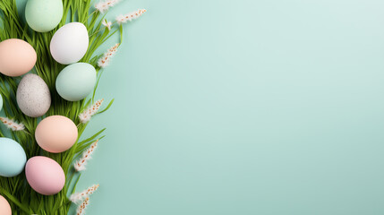 colored Easter eggs on a pale green background