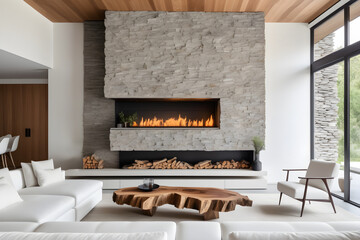 The coffee table sits between the white sofas opposite the fireplace in the stone wall. Minimalist home interior design for modern living room in a villa. - obrazy, fototapety, plakaty