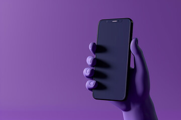 A 3D illustration featuring a cartoon hand holding a smartphone in isolation on a purple background, showcasing the usage of a mobile phone mockup