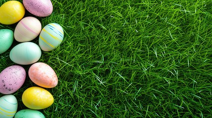 Fototapeta na wymiar colored Easter eggs on green grass, Easter background