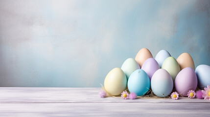 Easter eggs on a blue concrete background, Easter background