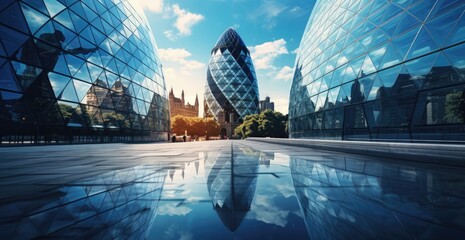 Panoramic Cityscape with Skyscrapers Reflecting on Water