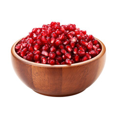A wooden bowl full of healthy red pomegranate seeds isolated background