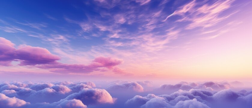 Panoramic beautiful sky with clouds of a pink and purple sky view at sunset. Generate AI image