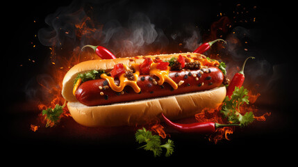 A freshly made hotdog sandwich with spices and ingredients in mid-air, ideal for enticing fast food advertisements and menus. - obrazy, fototapety, plakaty