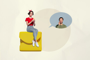 Creative image photo collage sitting young smiling girl communication partner couple social network...