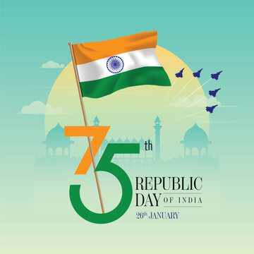 26 january 75th Republic Day of India design with indain flag,  jets and redfort monument illustration heritage. 