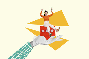 Creative collage picture young sitting happy girl holding smartphone huge notification message...
