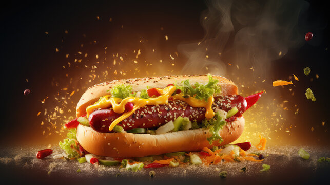 A gourmet sausage sandwich, perfectly prepared and garnished, showcased for food commercial ads and vibrant menu displays.