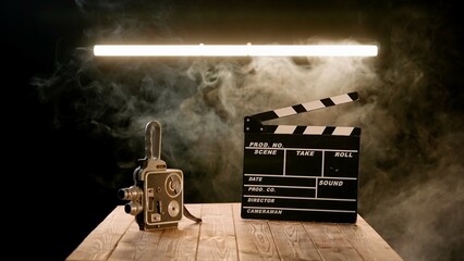 A clapper board and vintage video camera on a wooden table enveloped in smoke. Cinematography equipment in a studio on a black background illuminated by a neon lamp. - obrazy, fototapety, plakaty