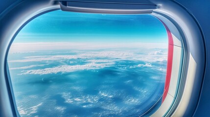 Fototapeta premium View from airplane window on blue sky and white clouds. Travel concept