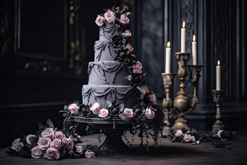 Black wedding cake, concept of a gothic wedding