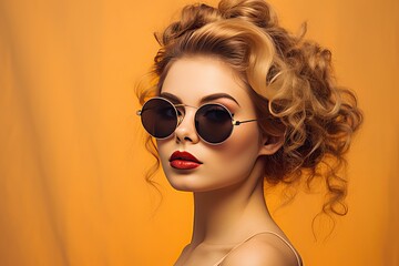 Retro 1980s Woman with Big Hair with Sunglasses on a Solid Background, Fashionable and stylish woman with retro style glasses, generative AI