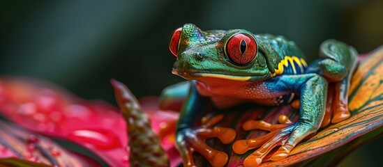 Agalychnis callidryas, a cute night animal with vivid colors and big eye, found on flower in tropical rainforest bordering Panama and Costa Rica.